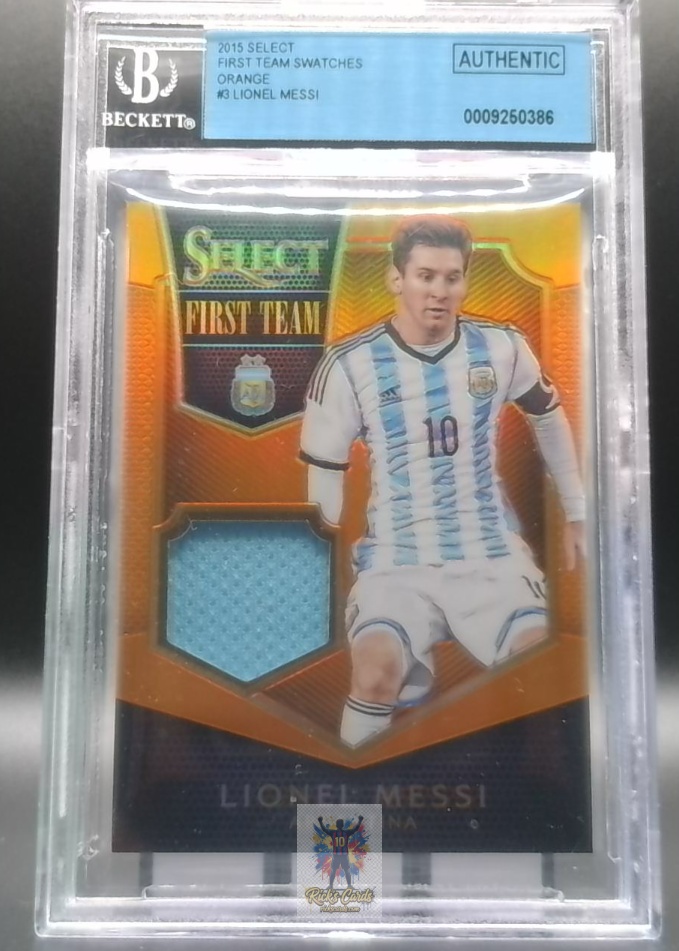 2015 Panini Select First Team Patches FT-LM / 13 Lionel Messi Orange Prizm, Memorabilia Patch 74/149, Beckett Authentic